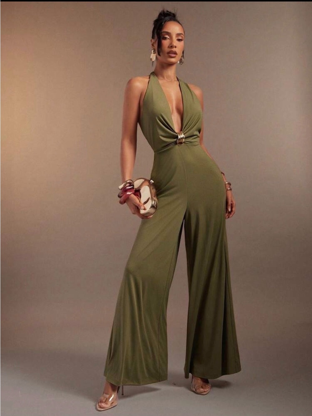 Olive Halter Wide-Leg Jumpsuit with Front Ring Detail